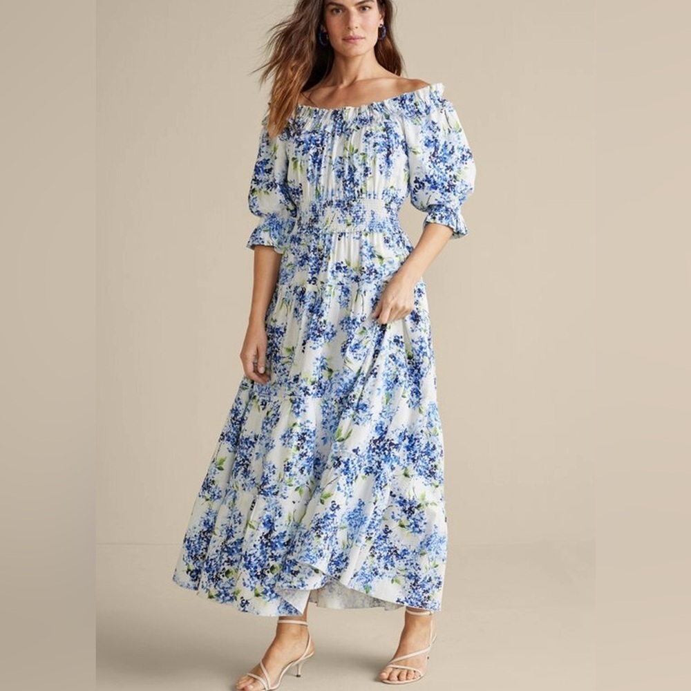 Soft Surroundings Rosana Floral Maxi Dress Sz Small Blue Petite Linen Blend
